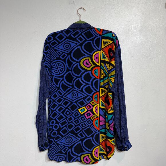 Platinum Blue Geometric Oversized Vintage Button Down Blouse Sz M - Picture 8 of 10